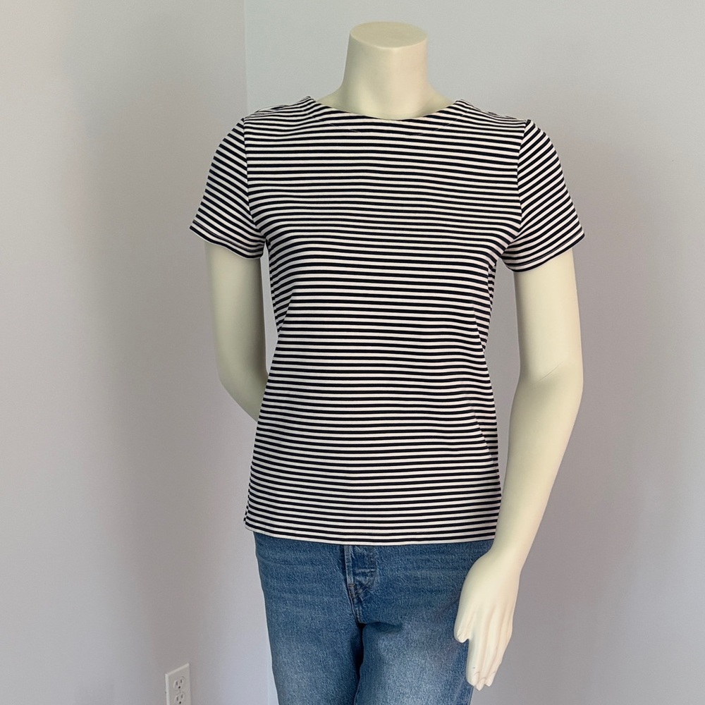 Theory Cream Top with Navy Striped Neckline